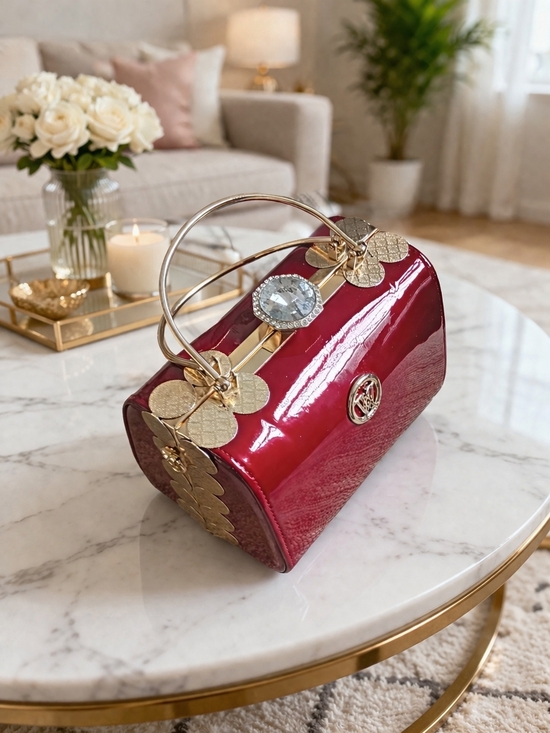 Handbags - Red Patent Dome Satchel with Gold Accents